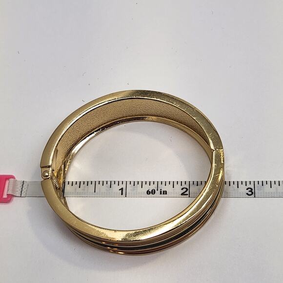 Gold Tone Wide Clamper Hinge Cuff Bracelet Cream Green Orange Shimmer Enamel - Picture 5 of 6